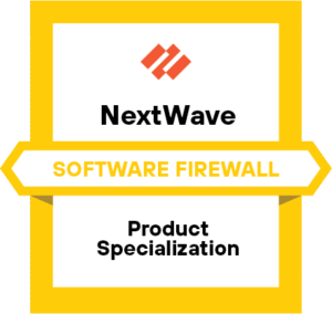 Abzeichen mit Palo Alto Networks Logo und der Aufschrift ‘NextWave Software Firewall Product Specialization’ auf weissem Hintergrund mit gelbem Rahmen