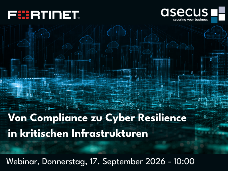 Teaserbild zum Asecus Webinar Von Compliance zu Cyber Resilience in kritischen Infrastrukturen. Asecus und Fortinet stellen praxisnahe Ansätze für eine ganzheitliche OT-Security-Architektur vor. Ziel ist es, OT-Umgebungen nicht nur zu schützen, sondern sie widerstandsfähig gegenüber Cyber-Angriffen zu machen, ohne den laufenden Betrieb zu beeinträchtigen. Von Compliance zu Cyber Resilience - Asecus Webinar